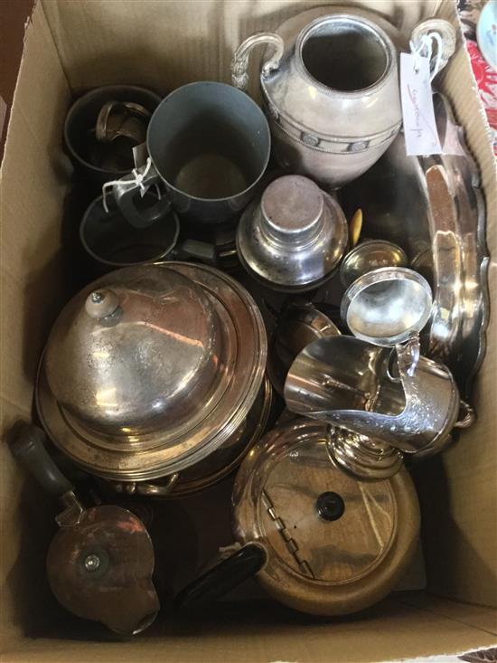 Sheffield Plate small hot water urn, plated tea & coffee sets, muffin dishes, cocktail shaker, etc & 3 pewter mugs